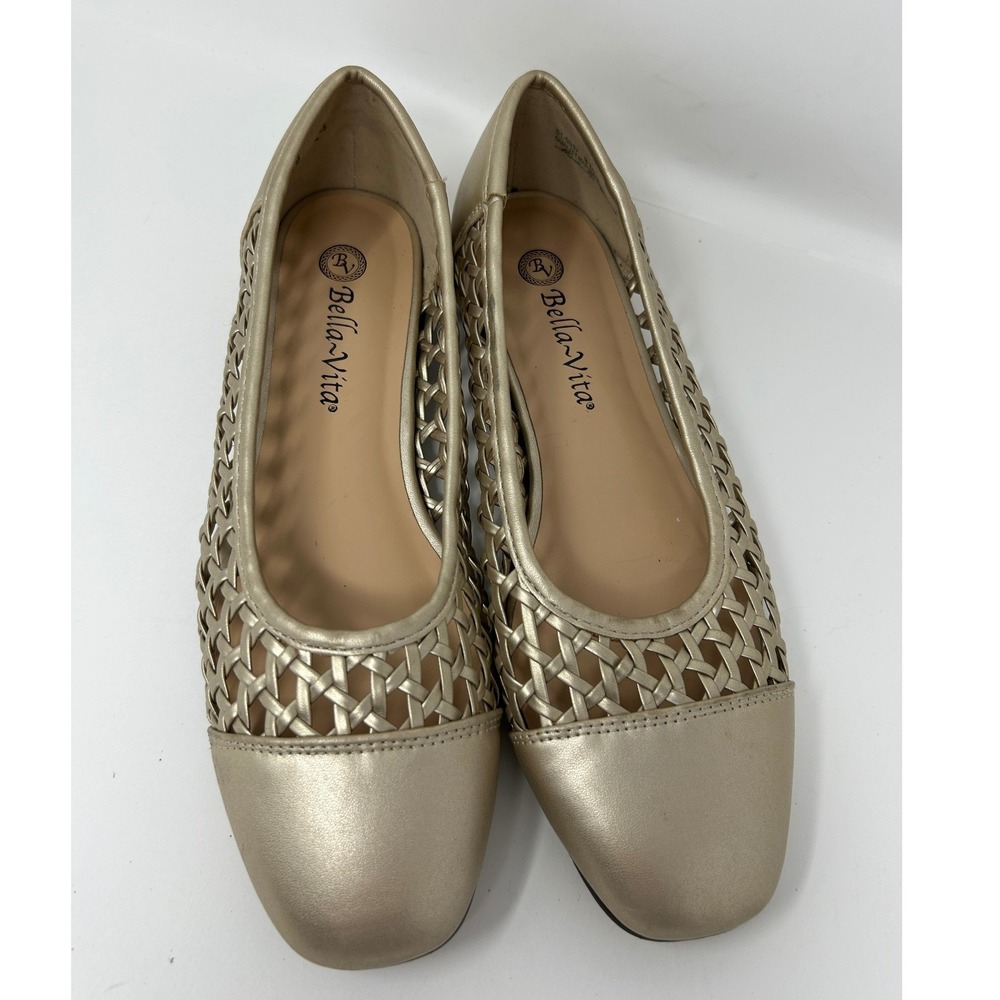 Bella Vita Joey Champagne Gold Metallic Woven Lattice Ballet Flats Womens 8 M